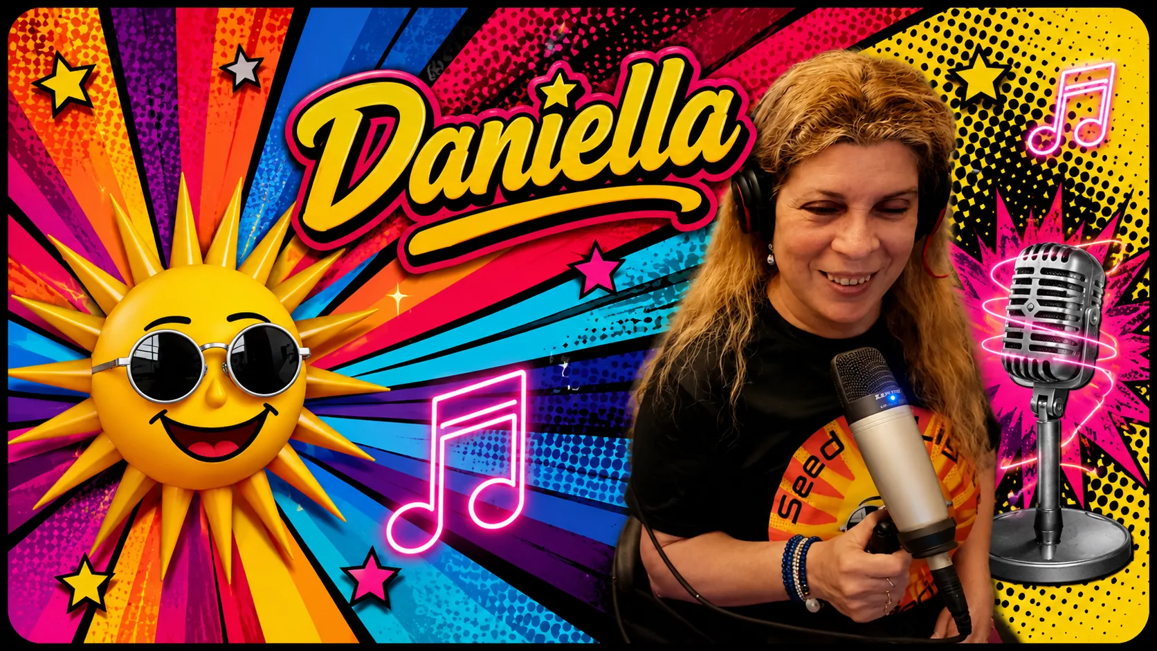 Daniella, voz de SOL Radio, con audífonos frente al micrófono.