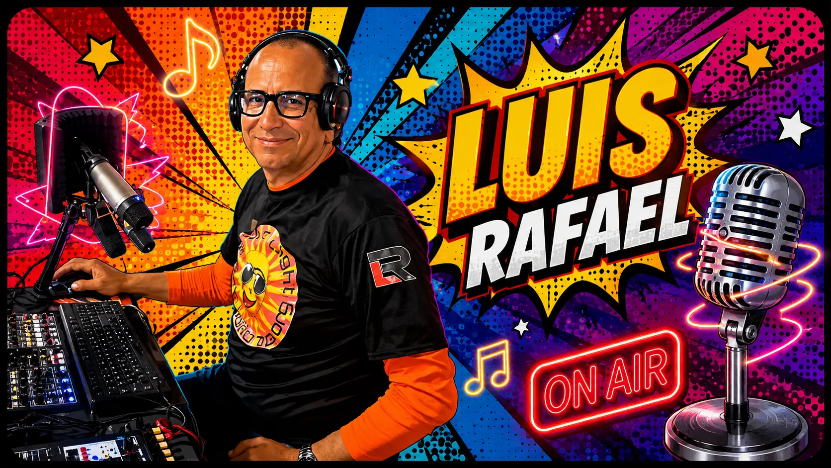 Luis Rafael, locutor de SOL Radio, en cabina con audífonos y micrófono.